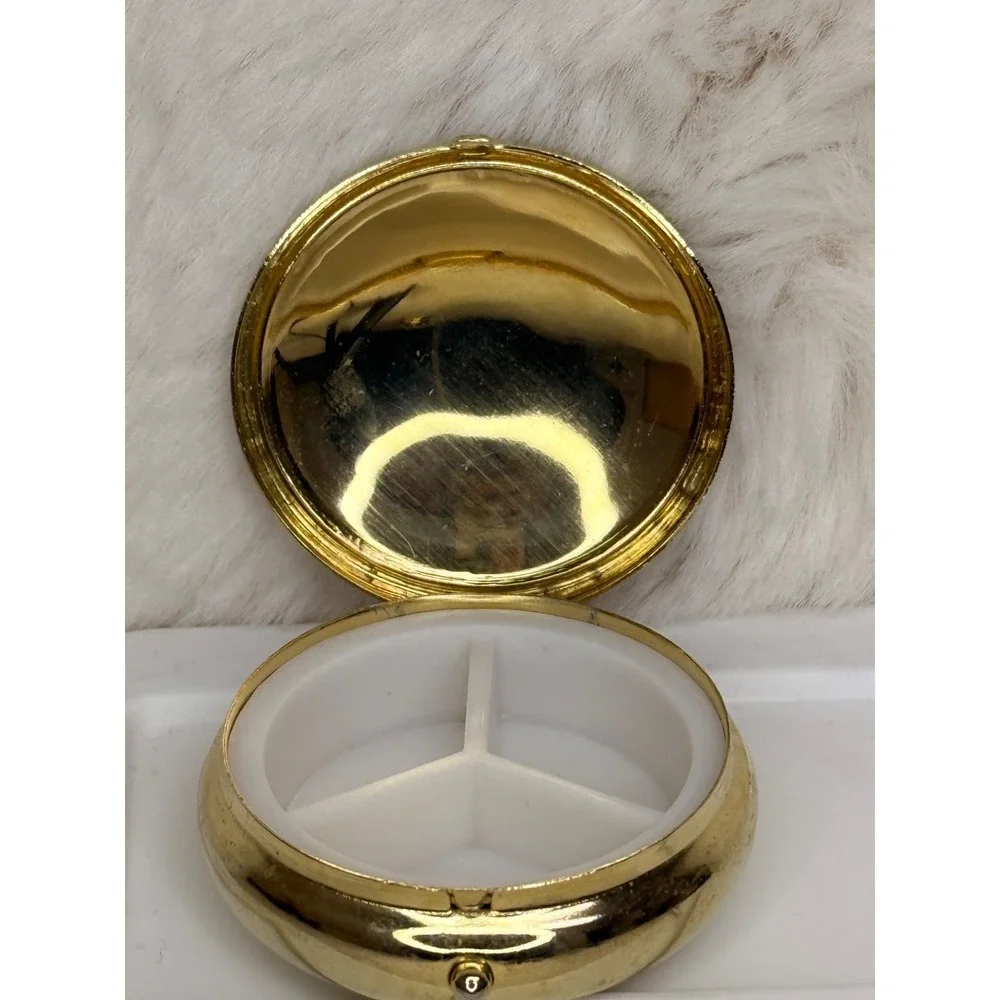 Singapore Cloisonné Orchids and Merlion Pill Box Trinket Box with 3 Compartments